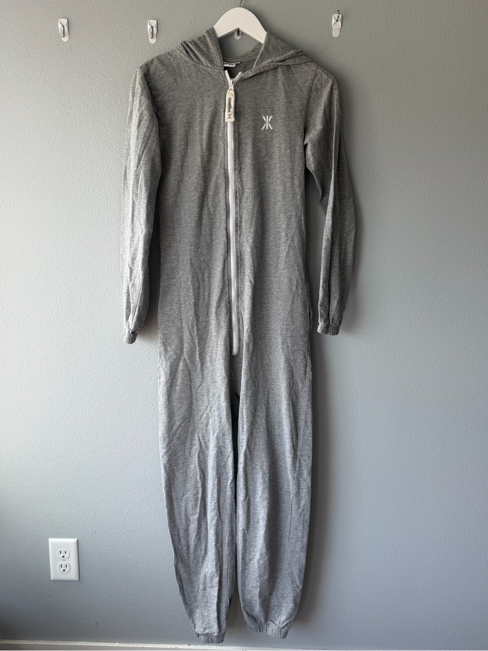 OnePiece grey hooded zip front bodysuit lounge pajama Women’s size XS